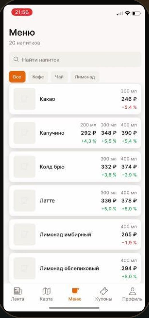 App screen: menu with prices and trends