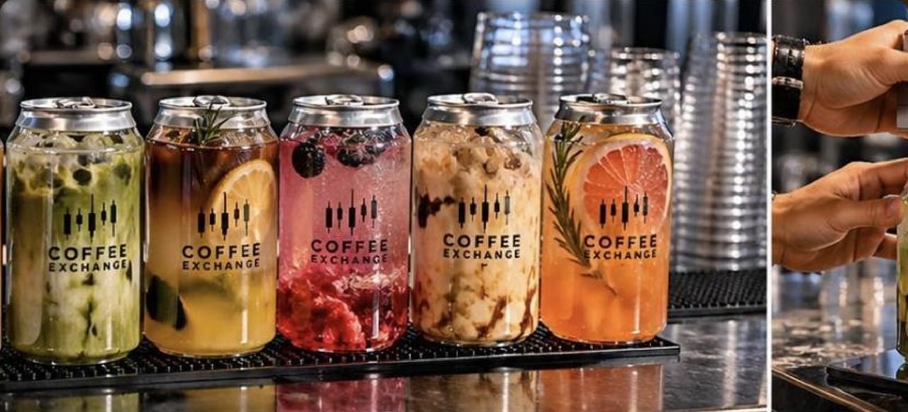 Coffee Exchange drinks in clear sealed cans on a bar counter