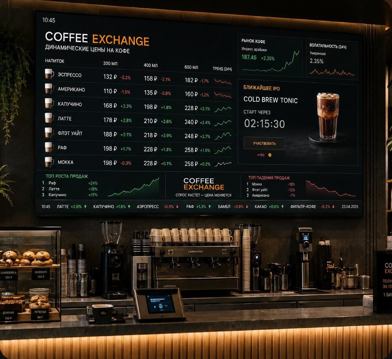 Coffee Exchange interior: a menu screen above the bar showing drink prices changing in real time